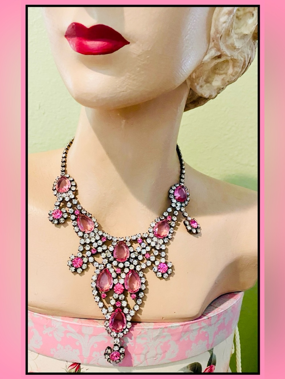 Vintage Waterfall Bib Necklace Pink White Rhinestones Statement Costume Jewelry